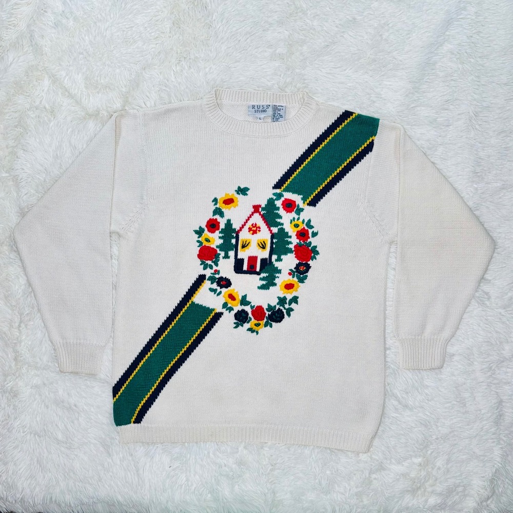 Vintage Russ Studio Knit Sweater Large Cream Cabin Floral Embroidery Cottagecore